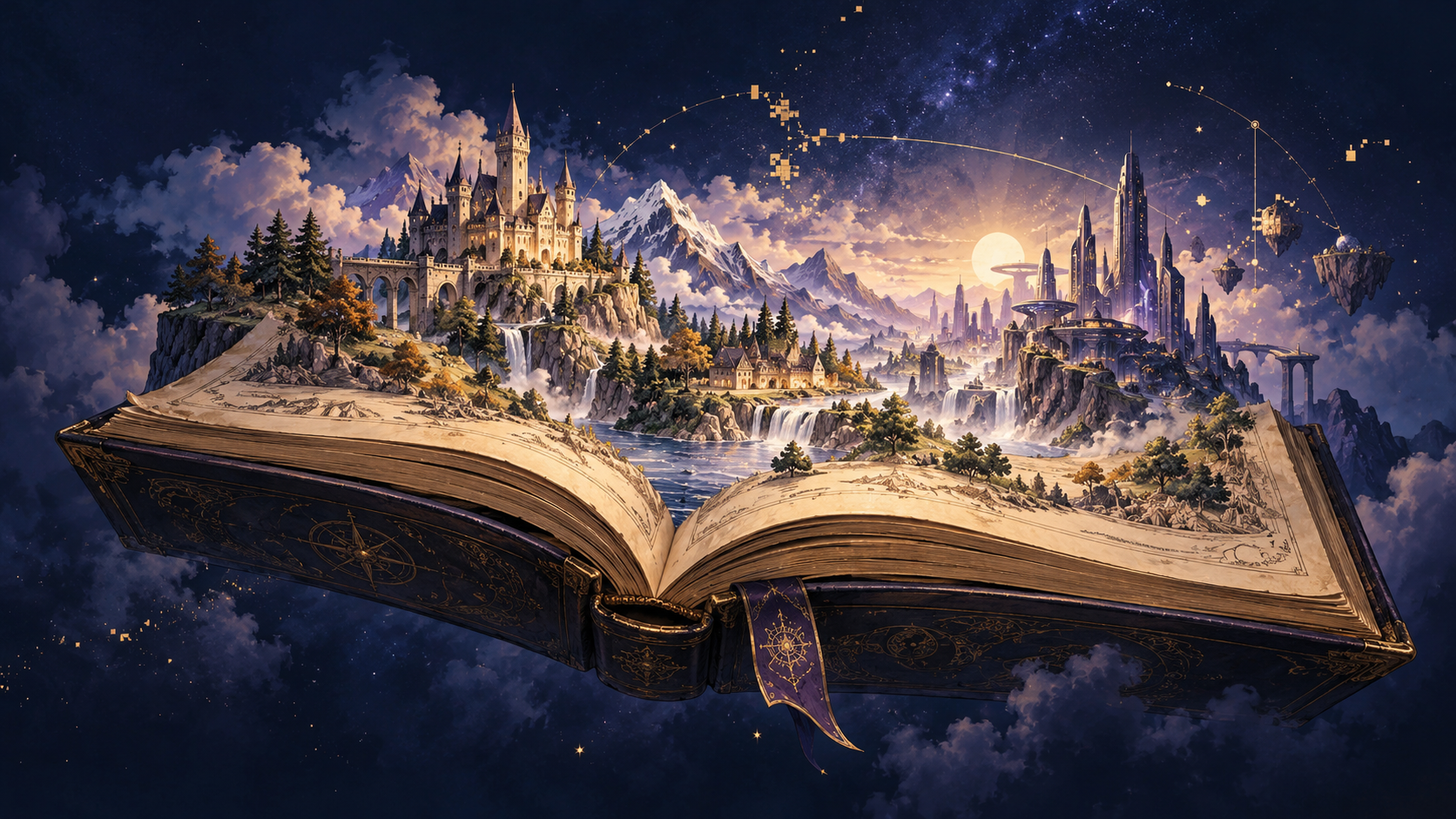 An open book unfolds into a fantasy castle, mountain paths and a futuristic city.