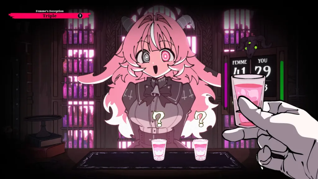 Anime-style scene: a pink-haired horned girl in a gothic outfit faces the player across a bar counter with shot glasses and a score board.