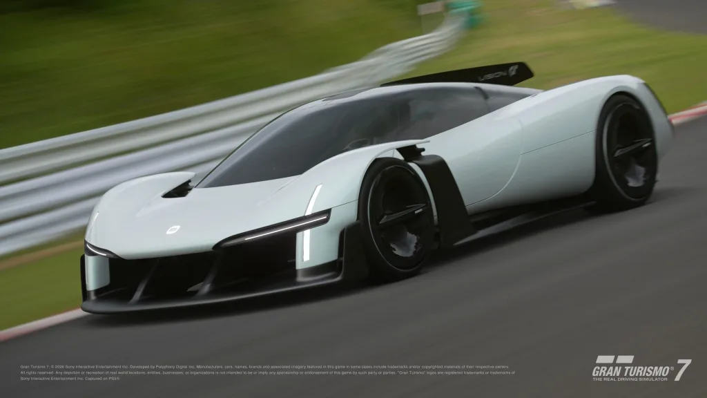 The white Xiaomi Vision Gran Turismo electric hypercar cornering at speed on a race track in Gran Turismo 7.