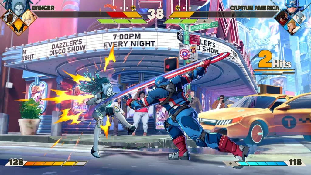Fighting-game scene: Captain America swings his shield at the robot character Danger in front of a theatre marquee on a New York street.