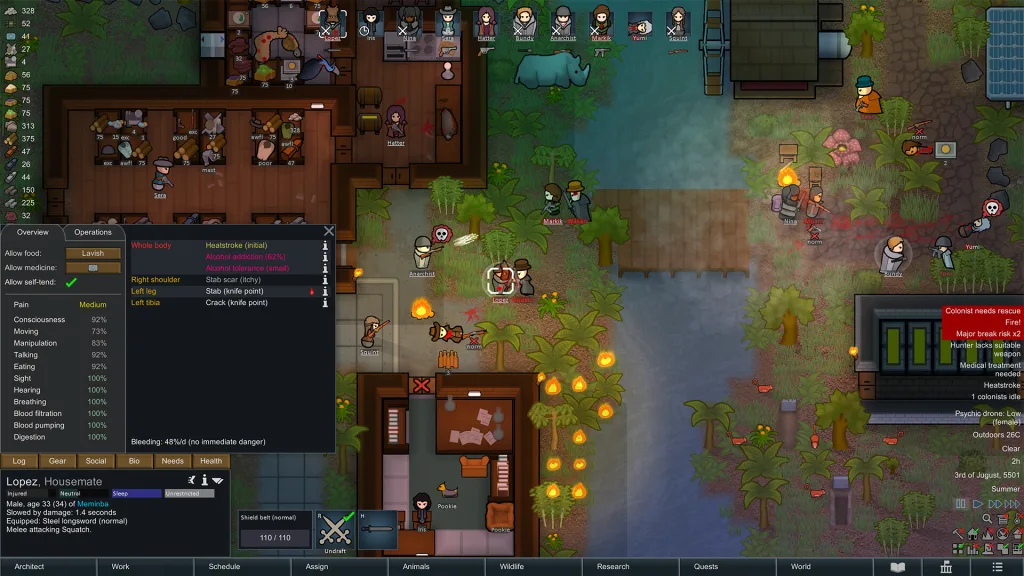 RimWorld colony screenshot with a health panel open and colonists fighting in a jungle among fires