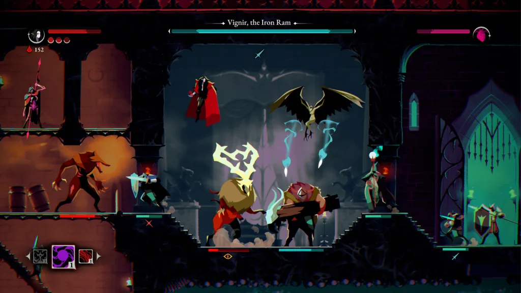 Dark 2D gothic boss fight in ReVamp: a vampire in a red cape faces a ram-headed enemy named Vignir, the Iron Ram