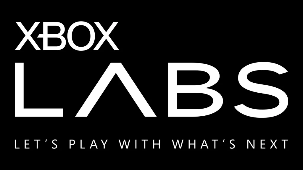 White 'XBOX LABS' wordmark on a black background with the tagline 'Let's play with what's next'.