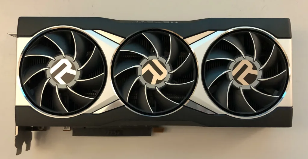 AMD Radeon RX 6900 XT reference graphics card with three fans, seen from the front.