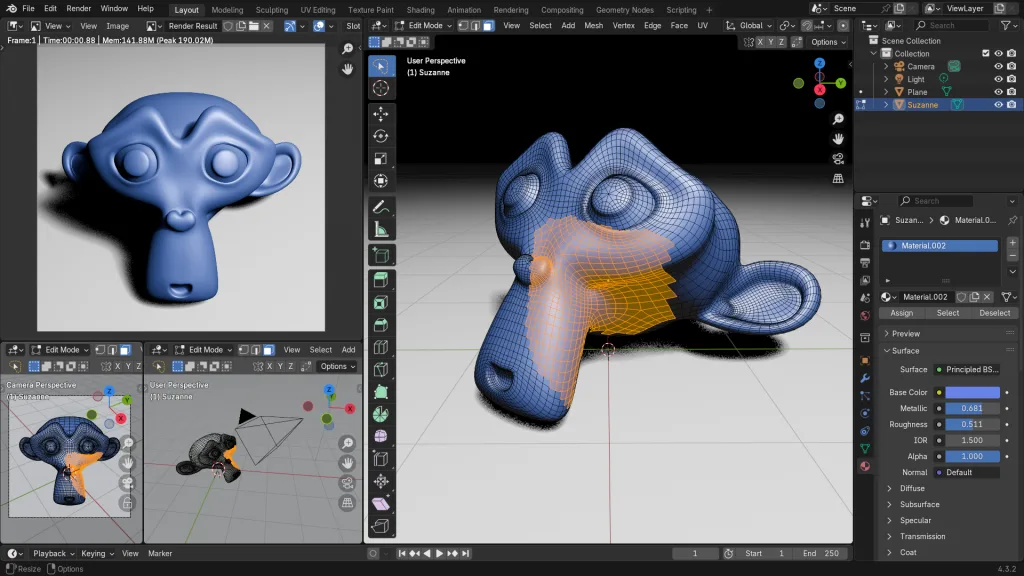 Blender 4.3.2 interface with a render window and a 3D viewport showing the Suzanne monkey head mesh in edit mode.