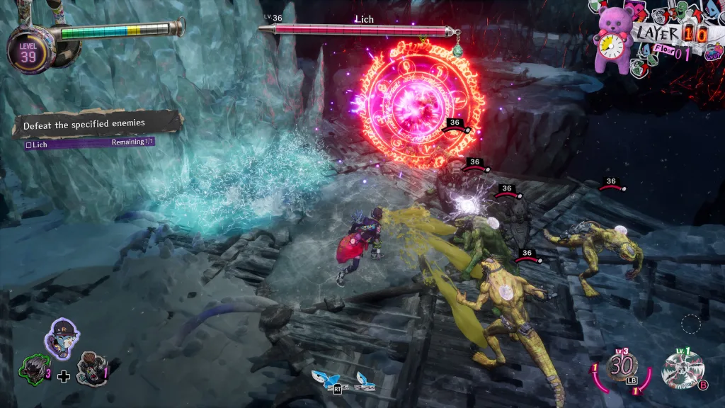 Action RPG combat in an icy cavern: a hero in a colourful jacket fights lizard-like creatures near a glowing red magic circle, with a Lich boss bar.