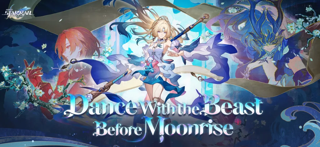Honkai: Star Rail key art: a blonde character in a flowing blue and white dress holds a long staff above the title text Dance With the Beast Before Moonrise.