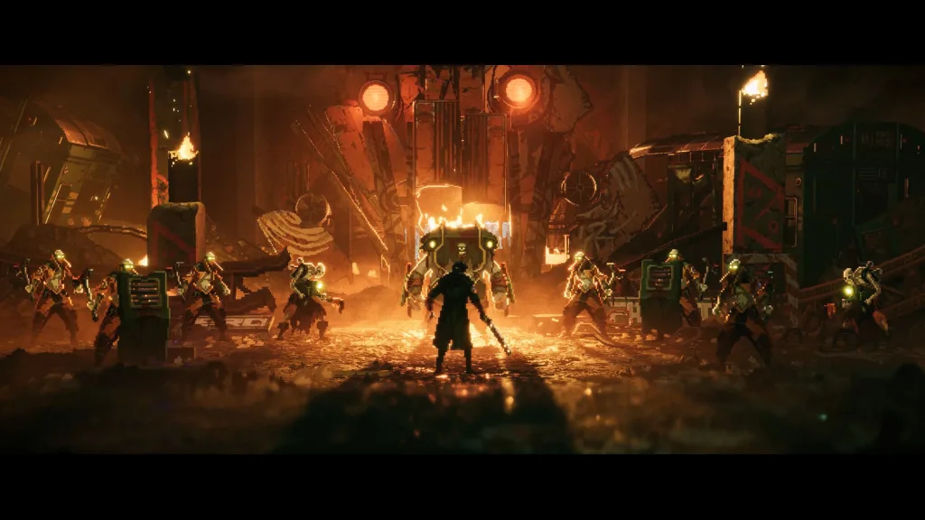 Cinematic scene from REPLACED: a lone figure with a rifle faces a ring of armed enemies and a large mech in a fiery industrial hall