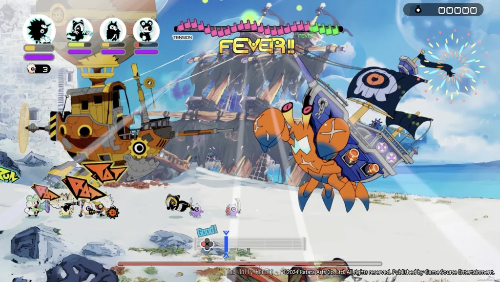 Cartoon rhythm-action battle in RATATAN: small creatures face a giant orange crab fused with a pirate ship, with a FEVER banner