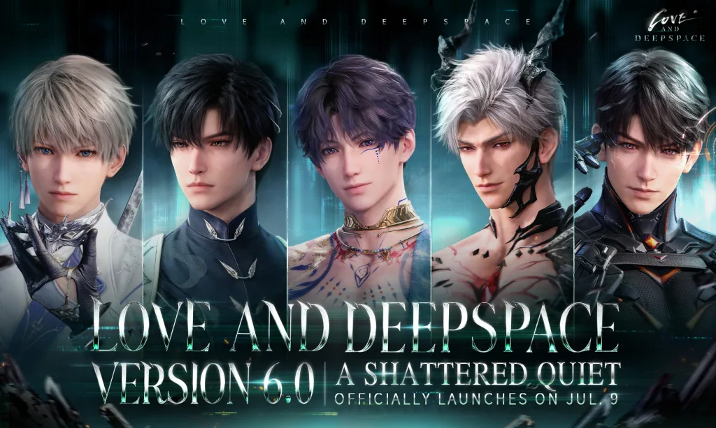 Official Love and Deepspace key art for version 6.0 showing five male love interests above the game logo.