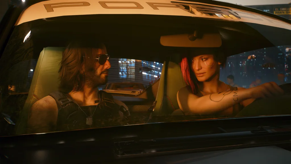 Johnny Silverhand and V sitting in a car at night in Cyberpunk 2077
