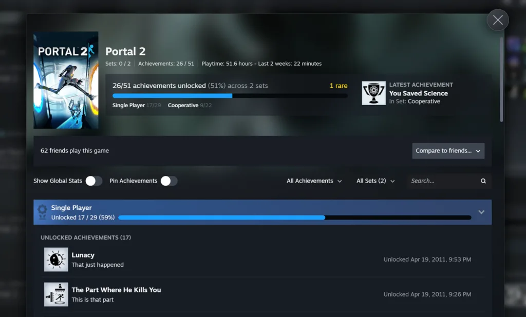 Steam achievements page for Portal 2 split into Achievement Sets, showing a Single Player set progress bar of 17 of 29.