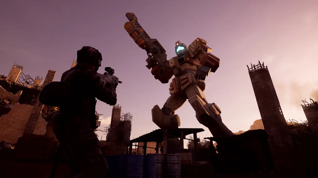 A soldier on foot aims a rifle at a tan mobile suit holding a large gun among ruined concrete pillars at dusk.