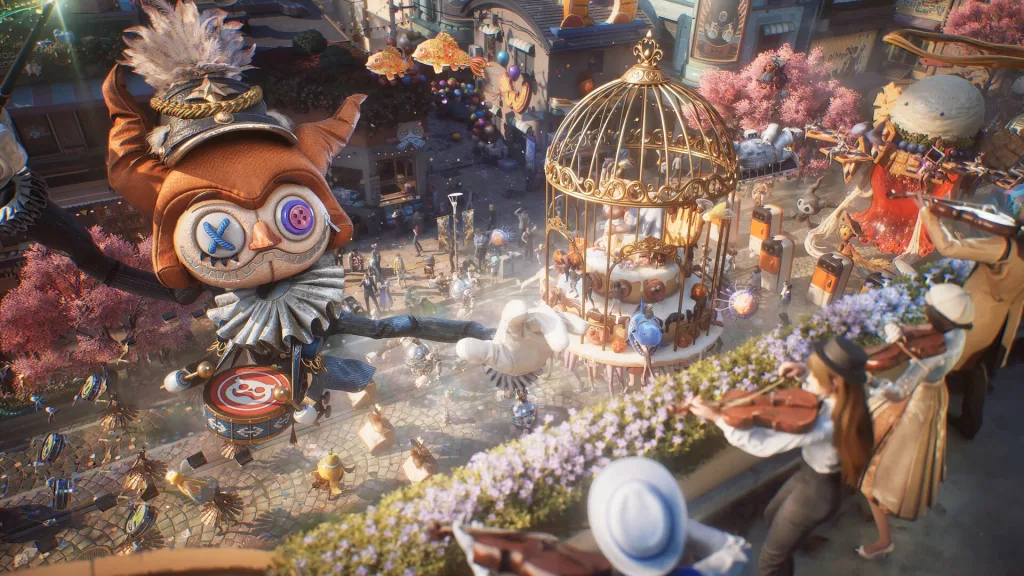 A fantastical street parade in Ordinary Oddness, with a giant owl-like button-eyed doll beside a golden birdcage cake