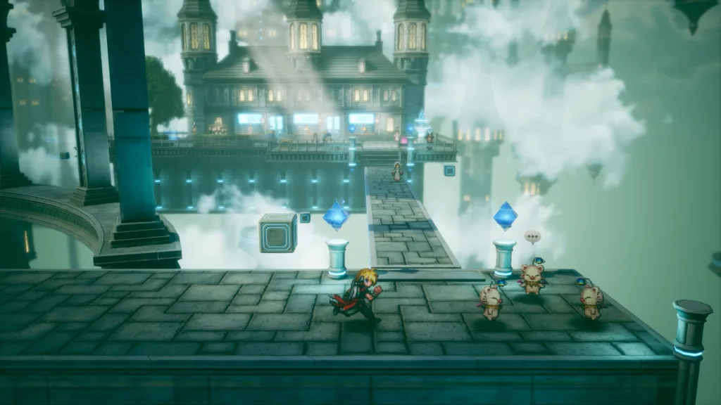 HD-2D scene: a pixel-sprite hero with three moogle-like creatures on a stone walkway beside a mansion floating among clouds.