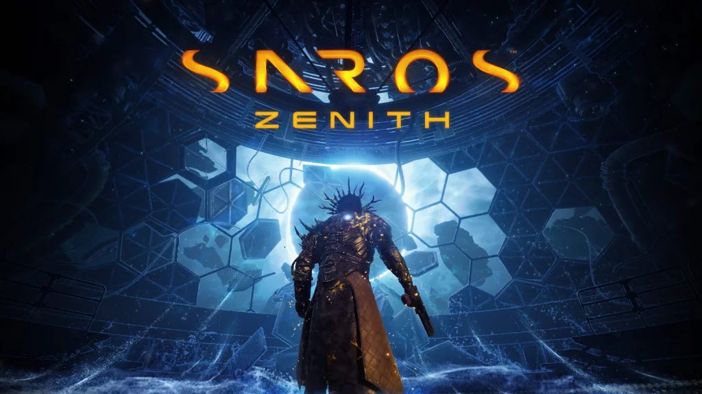 Key art for the Saros: Zenith update: an armoured gunman seen from behind facing a glowing portal in a vast hexagonal chamber, with the Saros Zenith logo.