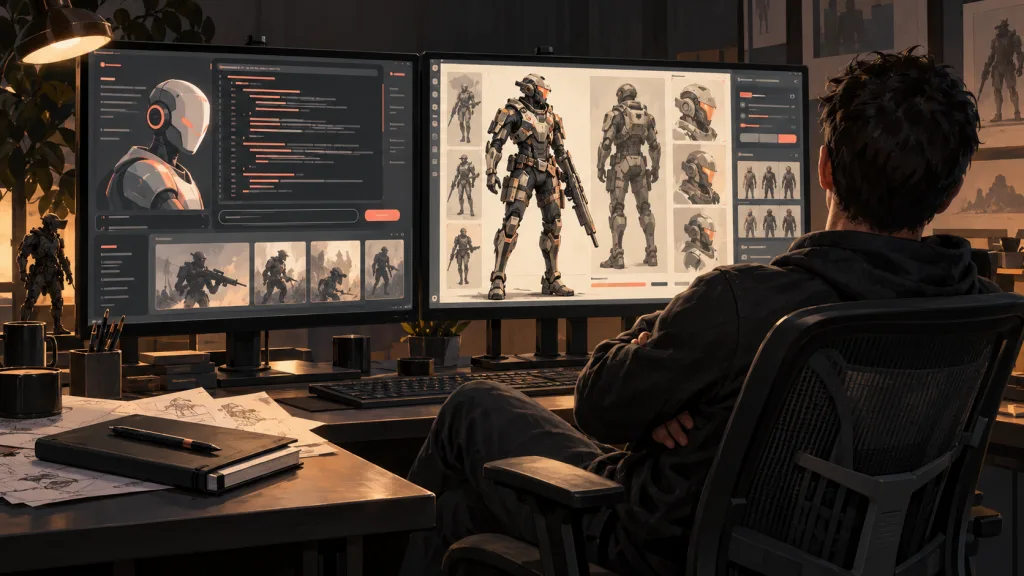 A developer leans back with crossed arms before monitors displaying abstract code and original sci-fi soldier concept art; a closed notebook and pen sit aside.