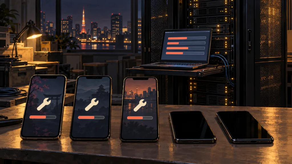 Three phones show maintenance wrench icons beside two dark phones, with a patching laptop and amber-lit server rack overlooking a Japanese city at night.