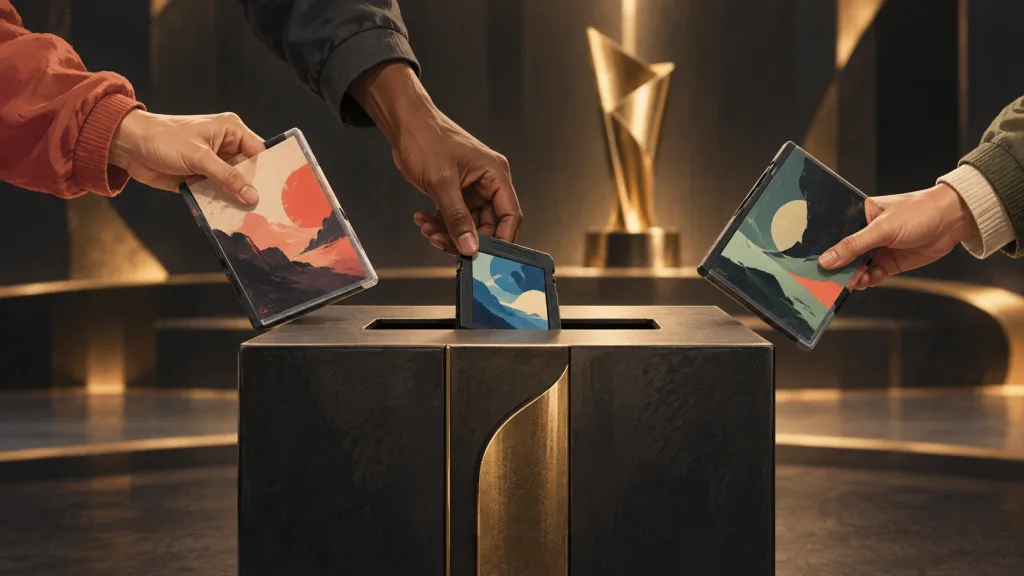 Three developers’ hands bring game cases and a cartridge to an awards submission box, with an abstract golden trophy behind.