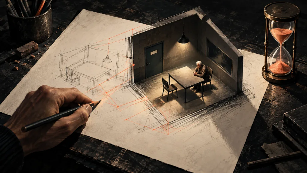 A hand draws a miniature interrogation room emerging from a sketch, with an elderly suspect, coral construction lines and an hourglass.