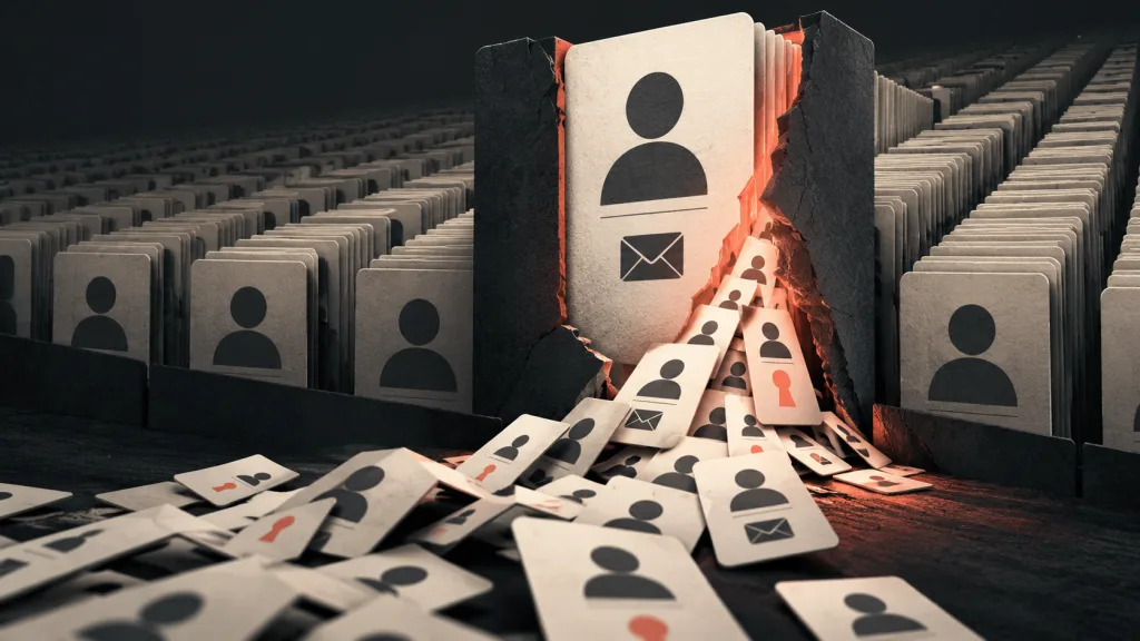 Ivory account cards spill through a coral-lit crack in a dark protective archive, symbolizing exposed customer information.