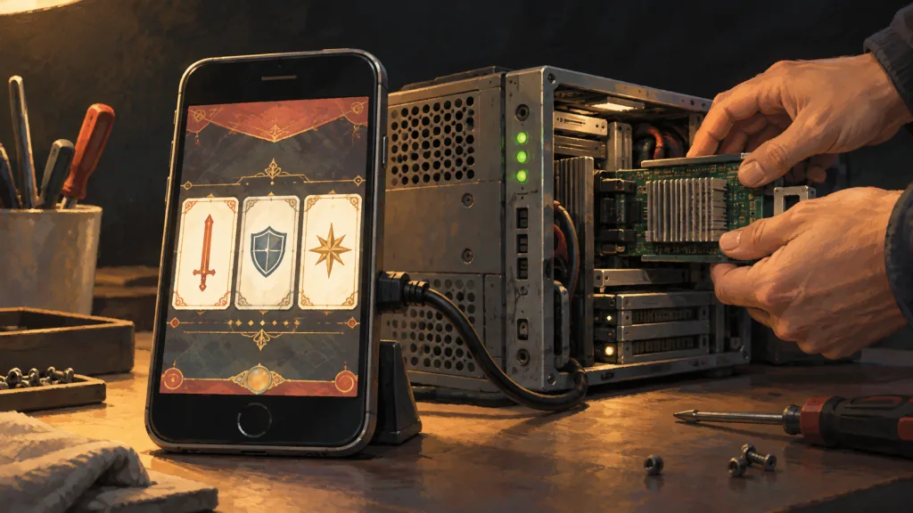 Illustrated technician hands repair an aging server beside a smartphone displaying three generic game cards.