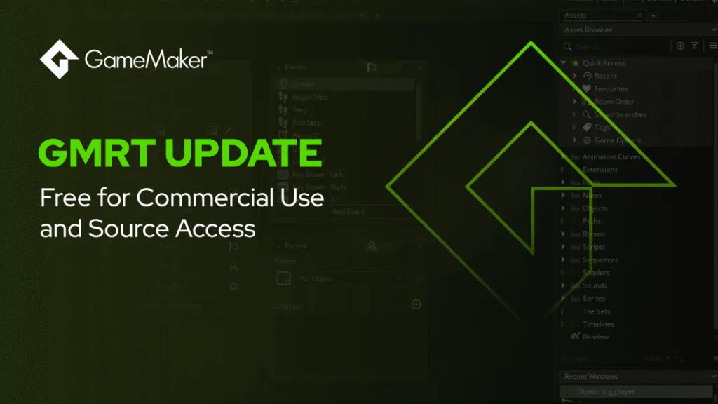 GameMaker banner reading 'GMRT Update: Free for Commercial Use and Source Access' over a dimmed editor screenshot