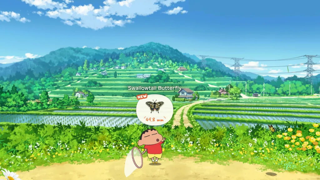 Shin-chan holding a bug net on a rice-terrace hillside in Shin chan: Shiro and the Coal Town, with a swallowtail butterfly card on screen