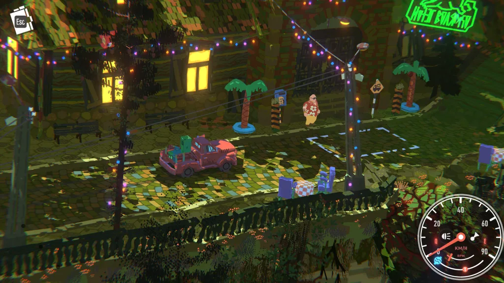 A pink pickup truck loaded with cargo parked on a cobbled street lined with palm trees and string lights, with a speedometer in the corner