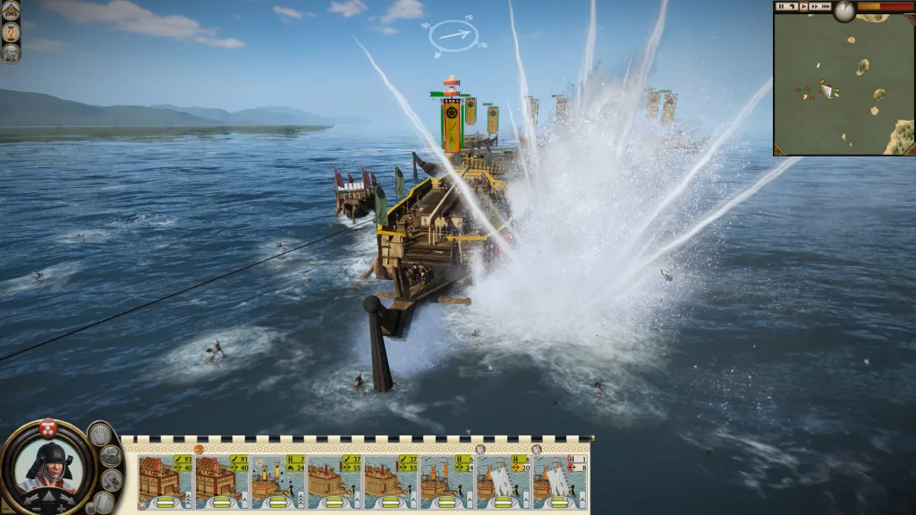 A naval battle in Total War: Shogun 2 - Complete Edition, with a Japanese warship hit by a large splash