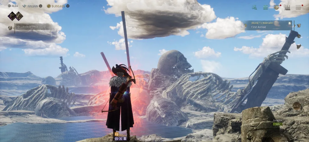 A caped archer in a feathered hat stands on a rock looking over a snowy plain scattered with the bones of giant skeletons under a blue sky.